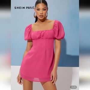 Shein Barbiecore Hot Pink Barbie Puff Sleeve Party Mini Dres Size Medium